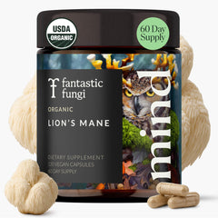 Fantastic Fungi Lions Mane capsules bottle highlighting focus support