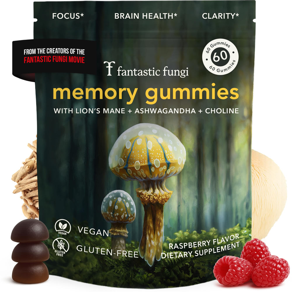 Fantastic Fungi Memory Gummies raspberry bottle for daily focus and energy.