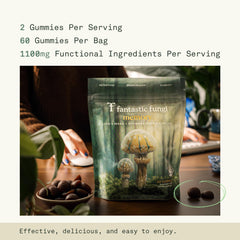 Fantastic Fungi Memory Gummies vegan gluten-free symbol on packaging.