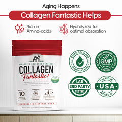 Pouring Fantastic Nutrition collagen peptides into water highlights a 2.2lb size and grass-fed origin.
