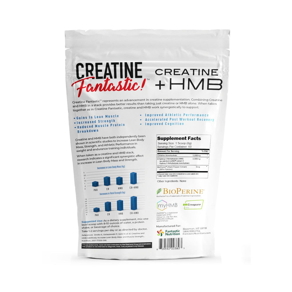 Fantastic Nutrition Creatine + HMB infographic visual detailing ingredients and servings.