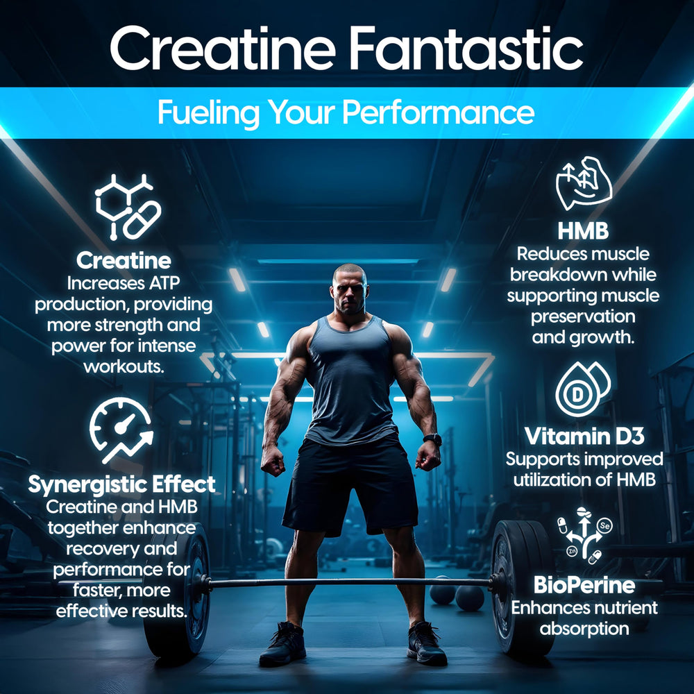 Fantastic Nutrition Creatine + HMB label highlights Creapure purity and GMP compliance.