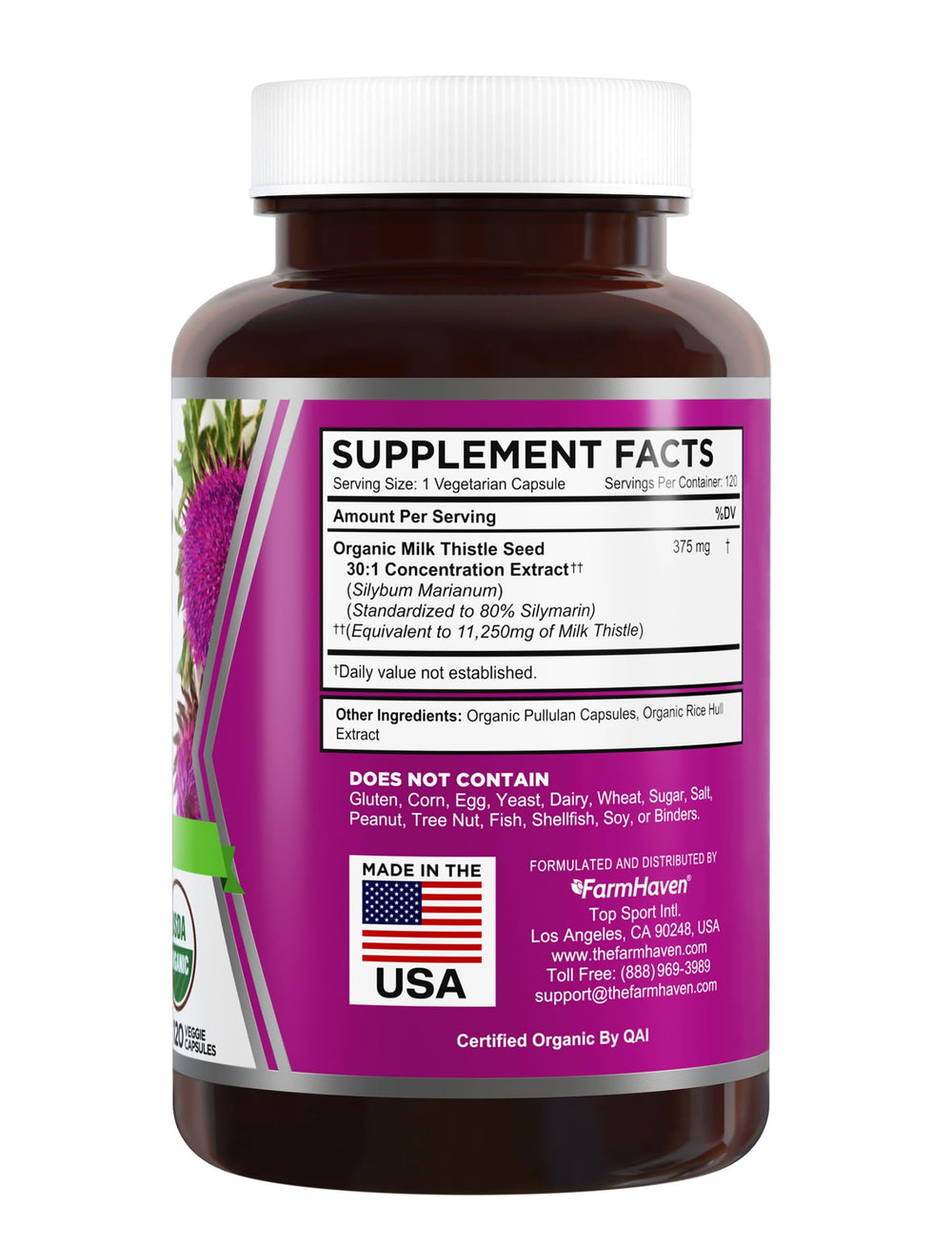FarmHaven organic label and 80% silymarin highlight potent flavonoids.