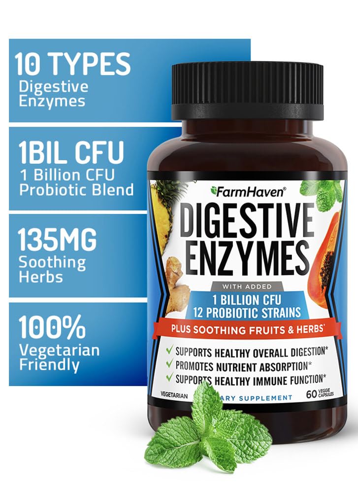 FarmHaven Digestive Enzymes probiotic graphic – supports gut balance with 1 Billion CFU
