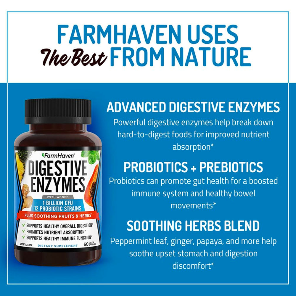 FarmHaven Digestive Enzymes vegetarian label – suitable for plant-based diets