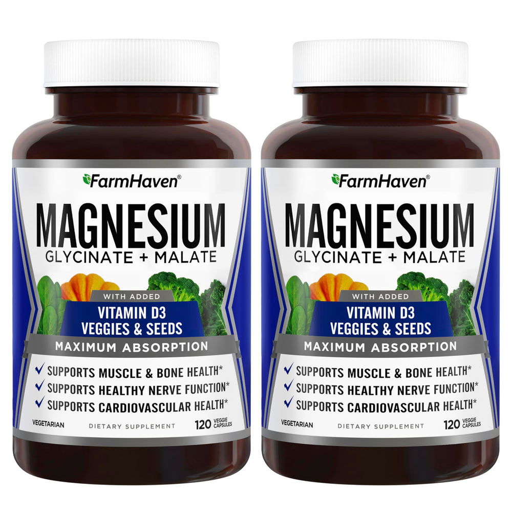 FarmHaven magnesium glycinate-malate bottle highlights max absorption for muscles and bones.