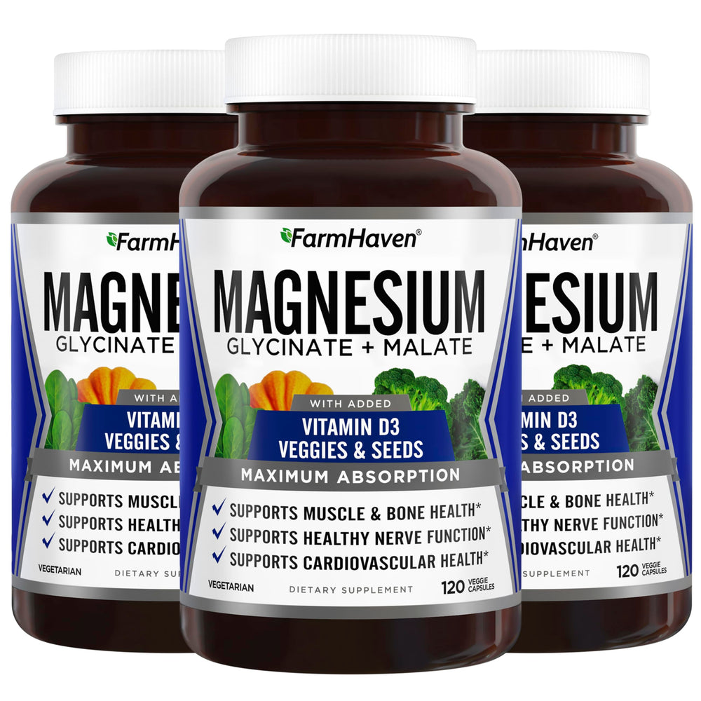 FarmHaven magnesium glycinate malate bottle showing capsules for max absorption.
