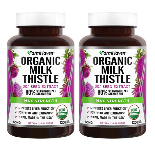 FarmHaven milk thistle capsules with 30:1 extract for improved bioavailability.