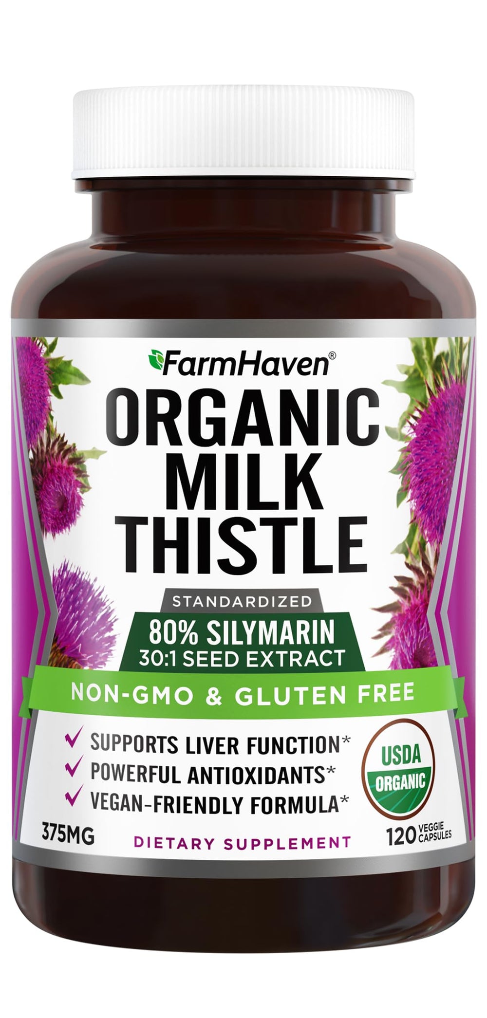 FarmHaven USDA Organic Milk Thistle Capsules bottle with 30x concentrate for enhanced absorption.