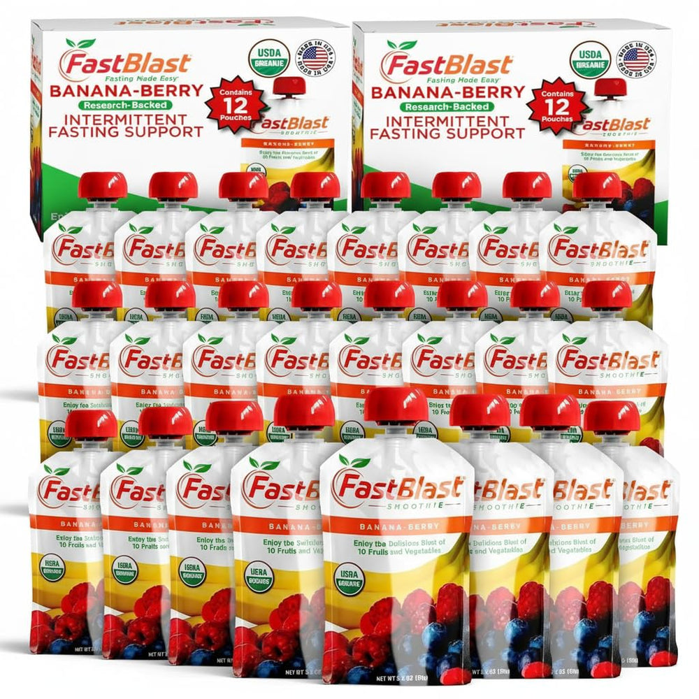 FastBlast Banana Berry smoothie pouch in a two-pack, perfect for on-the-go breakfasts.