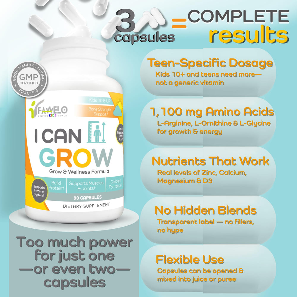 Fawelo I Can Grow Day-Time bottle open showing capsules for focused energy during school days.