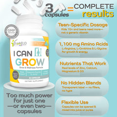 Fawelo I Can Grow Day-Time bottle open showing capsules for focused energy during school days.