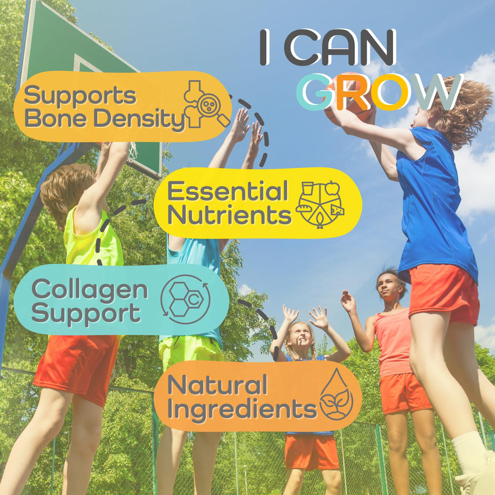 Fawelo I Can Grow Day-Time ingredients panel highlights calcium, magnesium, zinc for growth support.