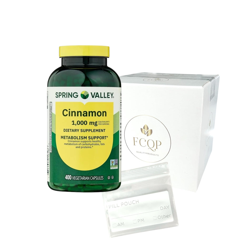 FCQP Spring Valley Cinnamon bottle for metabolism support and vegetarian capsules.