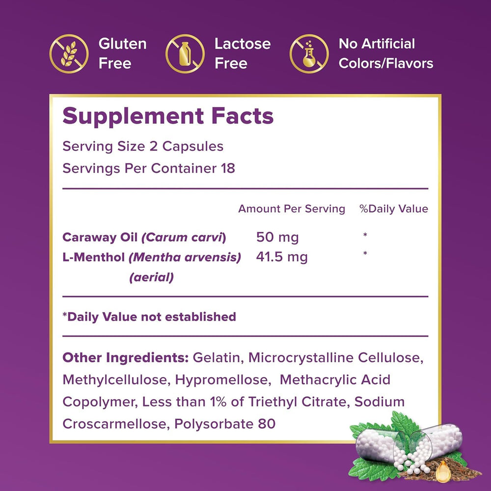 FDgard bottle label highlighting caraway oil and menthol for digestion.