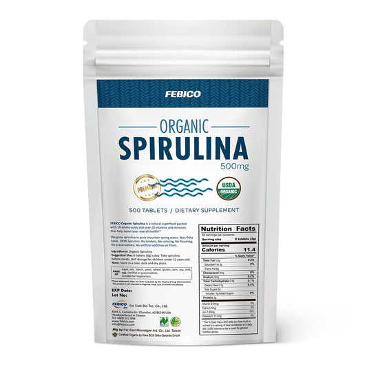 FEBICO spirulina tablets packaging with safety seals for trusted quality