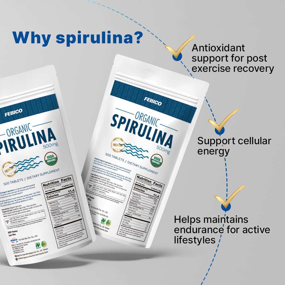 FEBICO spirulina tablets with Naturland and USDA certificates for organic authenticity
