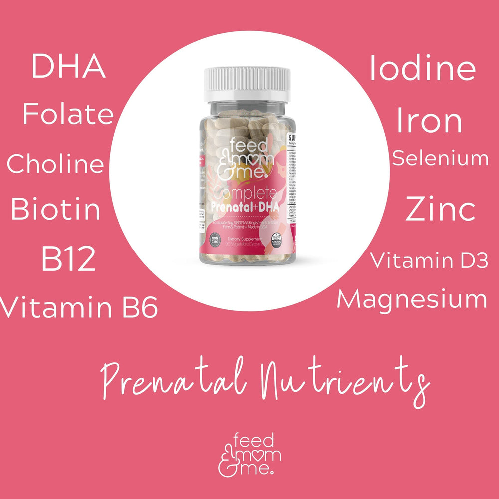 Feed Mom & Me Prenatal DHA gluten-free symbol on packaging.