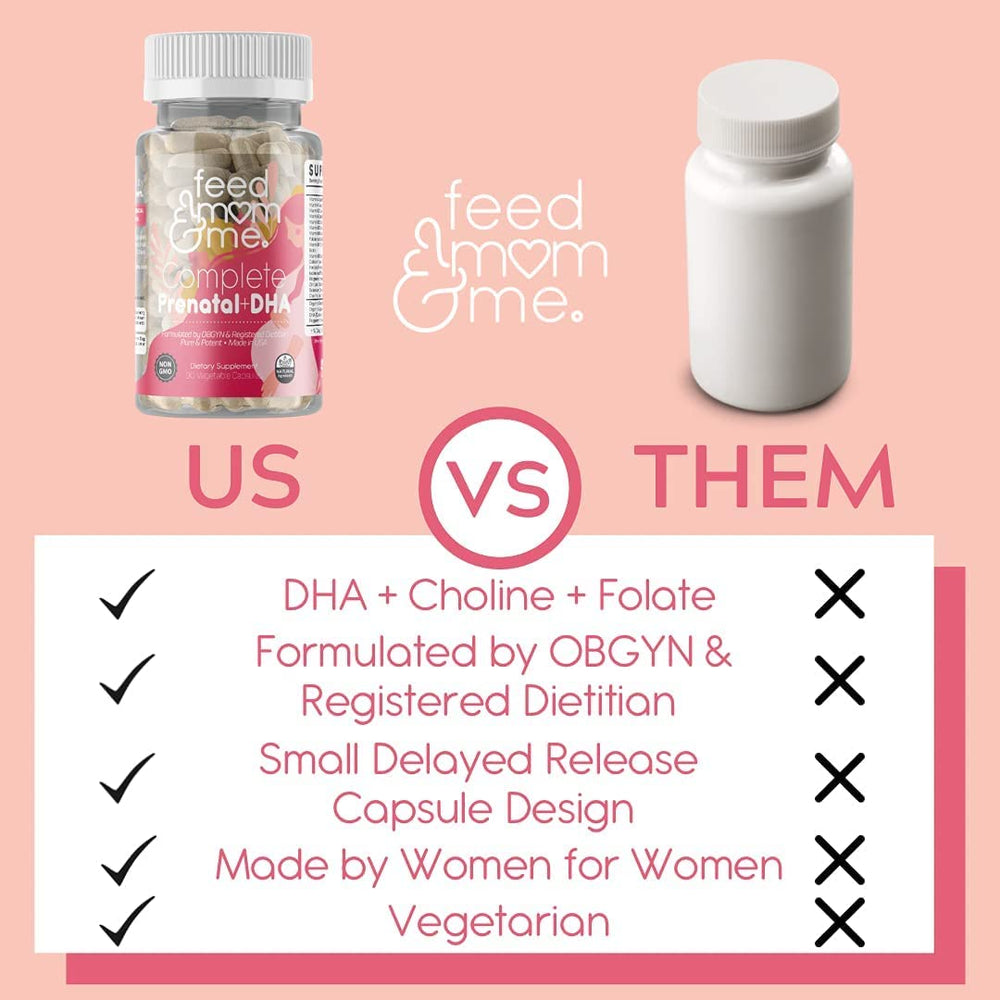 Feed Mom & Me Prenatal DHA non-GMO sticker on bottle.