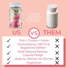 Feed Mom & Me Prenatal DHA non-GMO sticker on bottle.