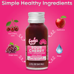 Feeju shot label close-up detailing magnesium and vitamin D3 benefits.