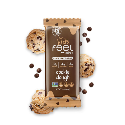 FEEL Feel Bar Minis Cookie Dough package front showing a 12-pack for easy kids’ snacks