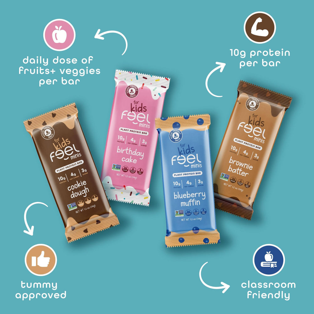 Visible veggie bits indicate daily vegetable inclusion in FEEL Bar Minis
