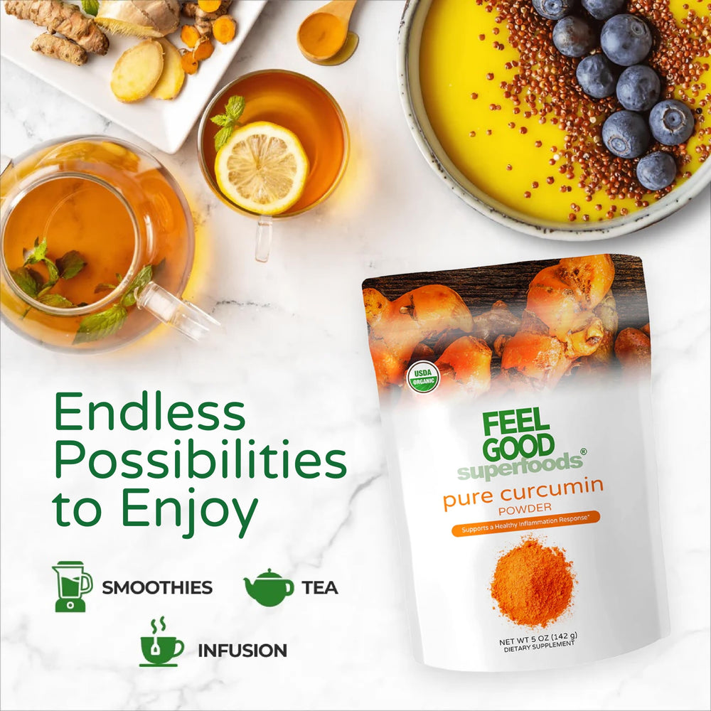FEEL GOOD Curcumin powder being sprinkled into a dish for color.
