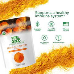 FEEL GOOD Curcumin powder on a kitchen counter ready to measure.