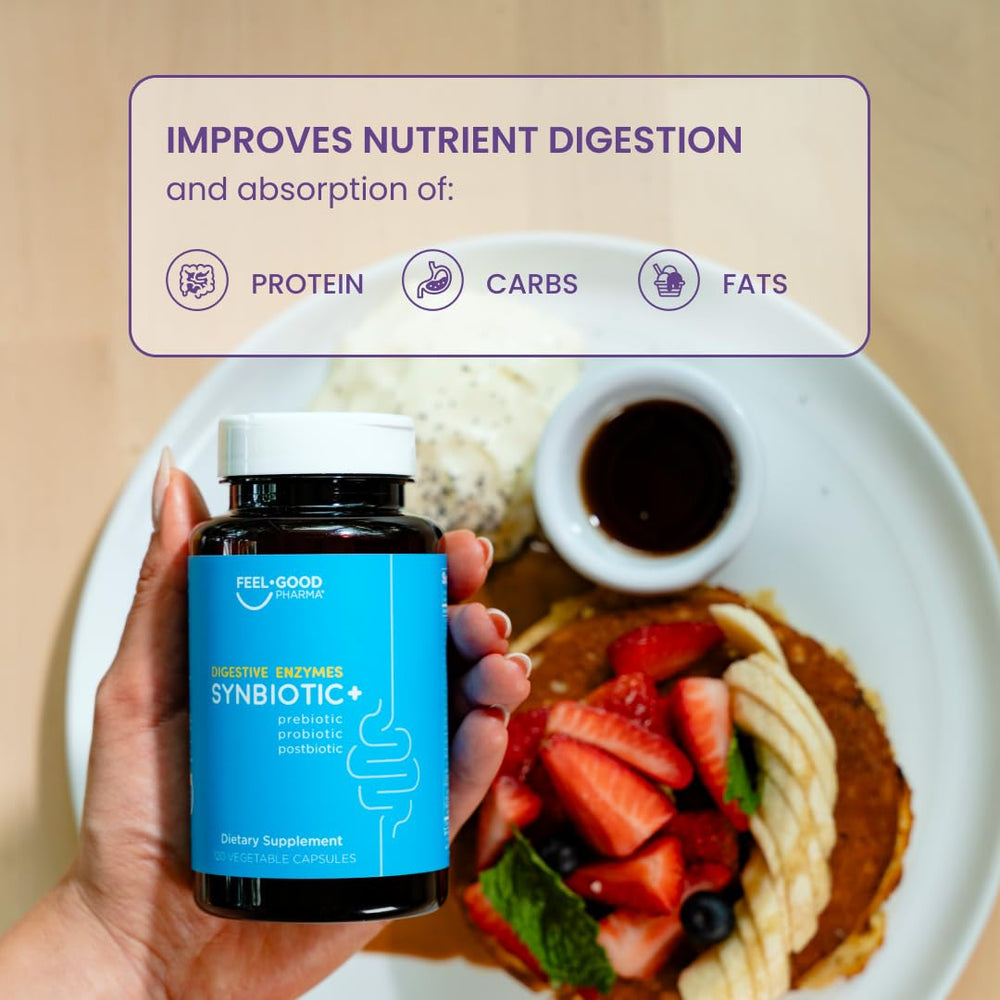 Feel Good Pharma Digestive Enzymes bottle with information card about shelf-stability