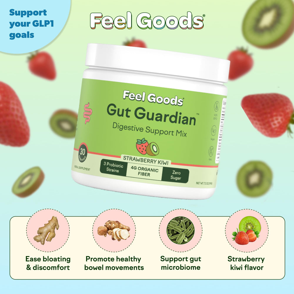 Feel Goods Gut Guardian bottle and packaging highlighting probiotic fiber formula