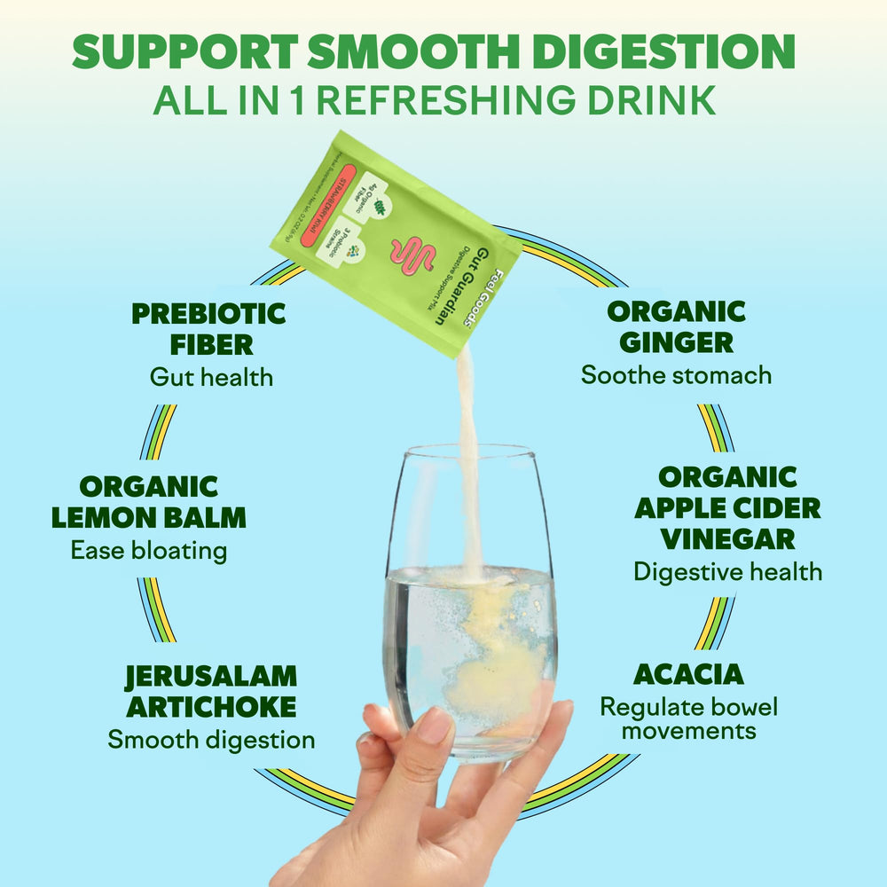 Feel Goods Gut Guardian ginger lemon balm blend to help reduce bloating