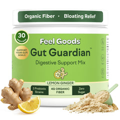 Feel Goods Gut Guardian tub front showing plant-based digestive powder for daily support