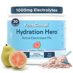Feel Goods Hydration Hero tub of Guava Fresca powder supports daily hydration.