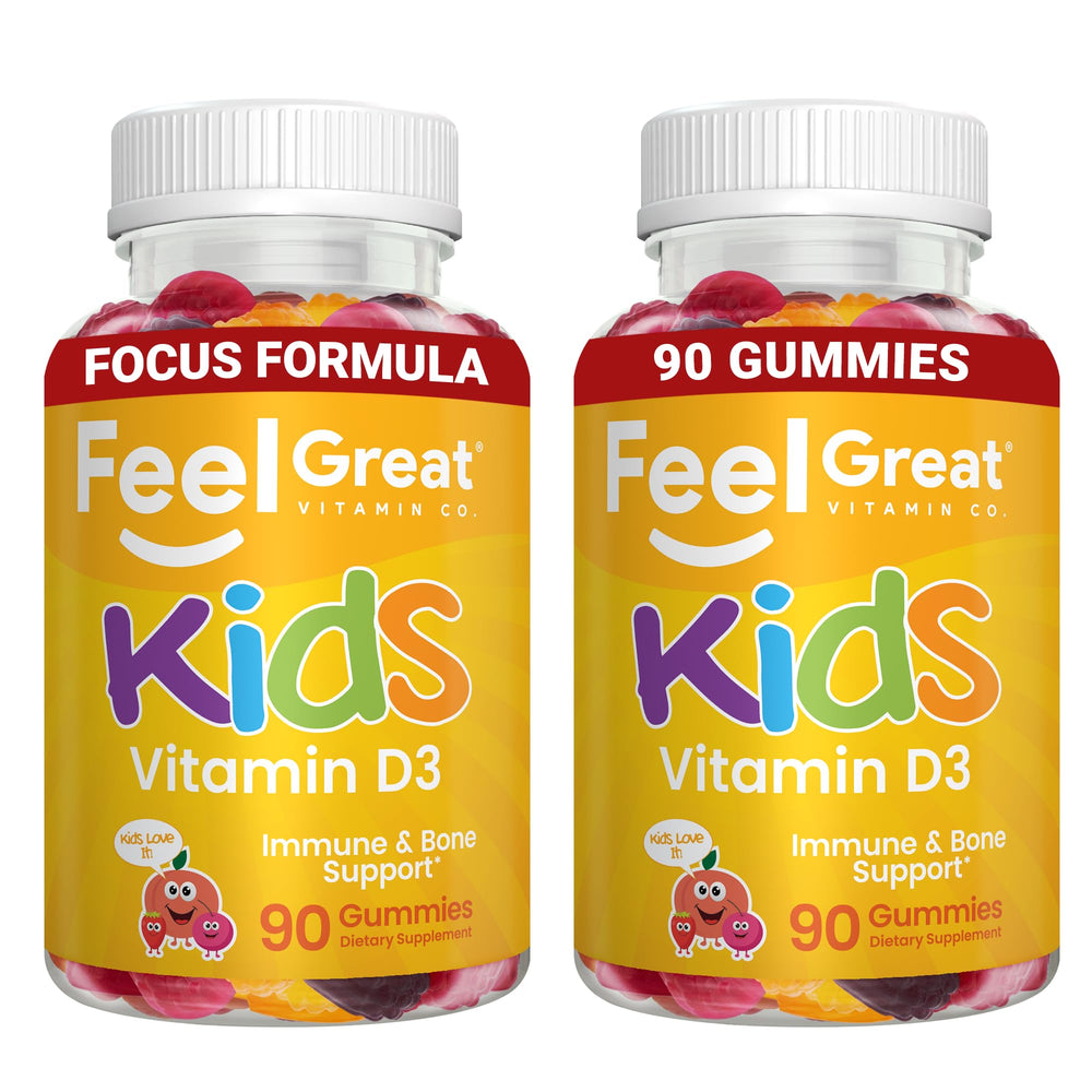 The Feel Great Vitamin Co kids D3 gummies bottle with citrus flavor for bone support.