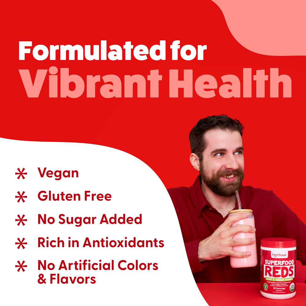 Ingredient list of Feel Great Reds powder highlights organic fruits and beets