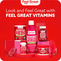 Vegan-friendly Feel Great Reds powder emphasizes dairy-free formulation
