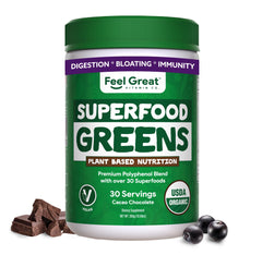 Feel Great Organic Greens powder cocoa chocolate pours into a glass for a quick nutrient boost