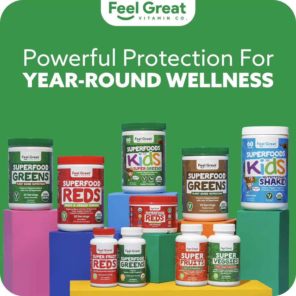 Feel Great Greens bottle highlights probiotic and digestive enzyme icons