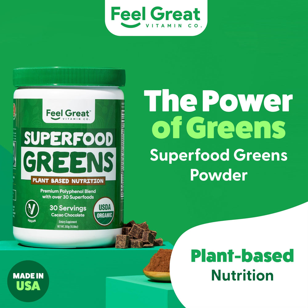 The Feel Great Cocoa Chocolate Greens powder being poured into a smoothie glass suggests easy mornings