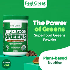 The Feel Great Cocoa Chocolate Greens powder being poured into a smoothie glass suggests easy mornings