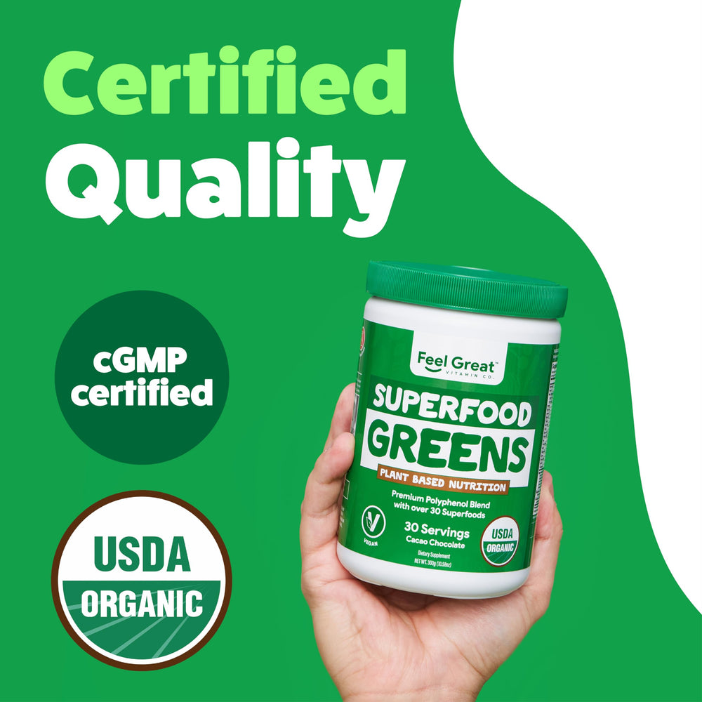 Feel Great Greens packaging shows vegan, gluten-free, soy-free attributes for dietary flexibility