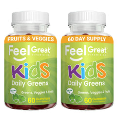 Feel Great Super Green Kids Gummies bottle with watermelon flavor for tasty daily nutrition.