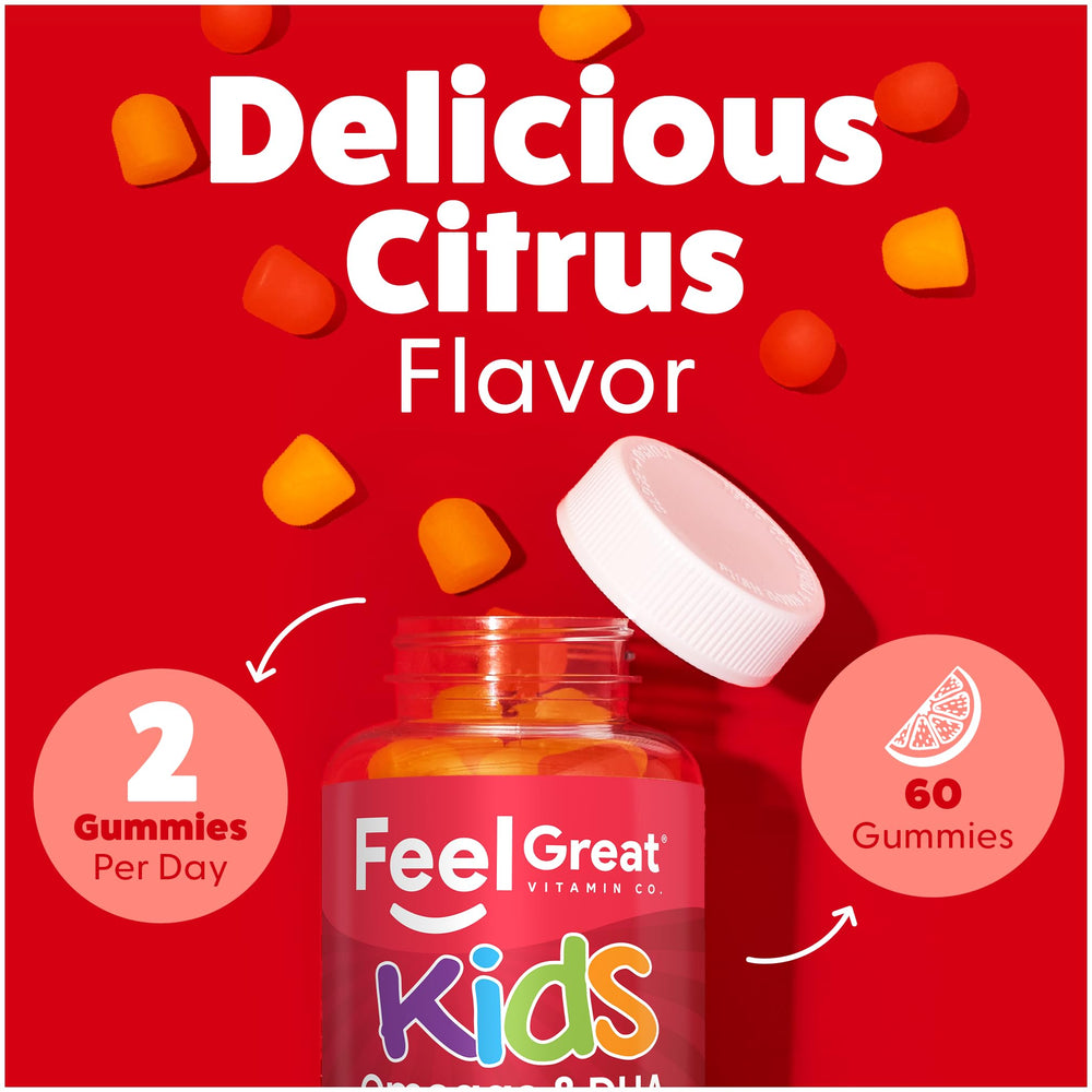 Feel Great Vitamins Kids DHA Gummies 60-count bottle emphasizes convenient nutrition for growing kids.