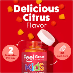 Feel Great Vitamins Kids DHA Gummies 60-count bottle emphasizes convenient nutrition for growing kids.