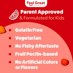 Feel Great Vitamins Kids DHA Gummies close-up signals brain-friendly omega support for focus.
