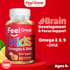 Feel Great Vitamins Kids DHA Gummies citrus flavor on display encourages tasty daily omega intake.