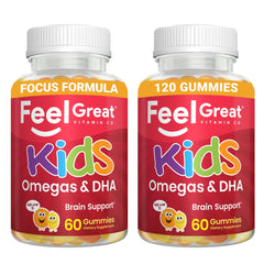 The Feel Great Vitamins Kids DHA Gummies bottle shows omega-3-6-9 support for healthy development.