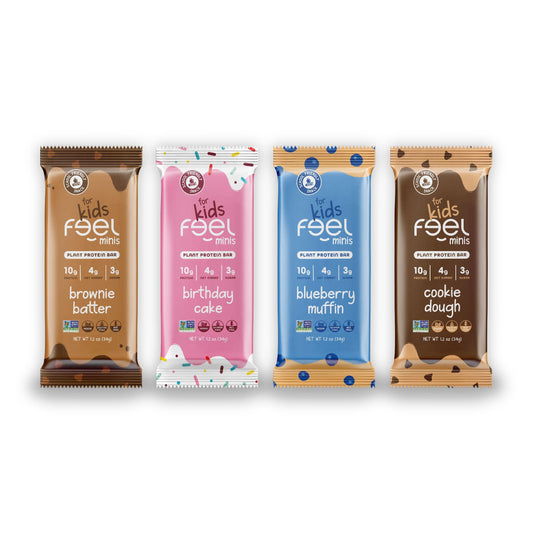 FEEL Kids Bars Minis packaging shows a colorful variety pack for busy families.