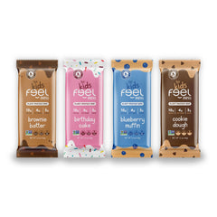 FEEL Kids Bars Minis packaging shows a colorful variety pack for busy families.
